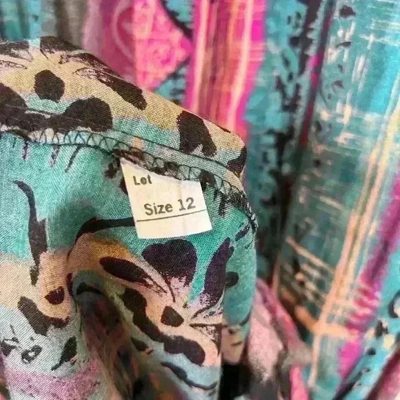 VINTAGE 80s Tofy Lightweight Rayon Silky Maxi Skirt Tribal Print Tropical Medium - Picture 3 of 8